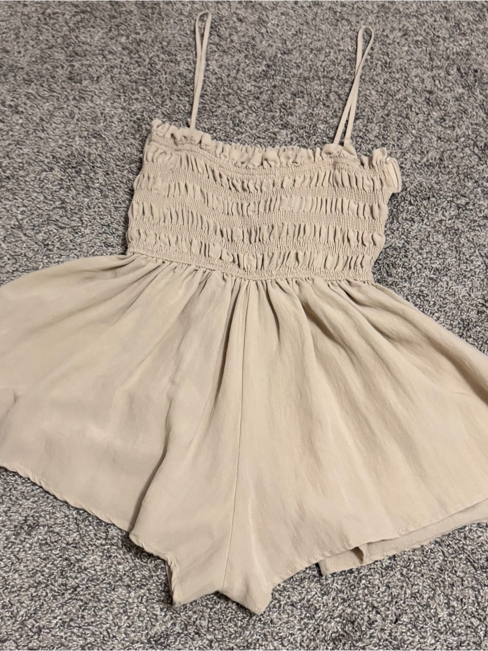MARBLE Beige Smocked Romper with Spaghetti Straps